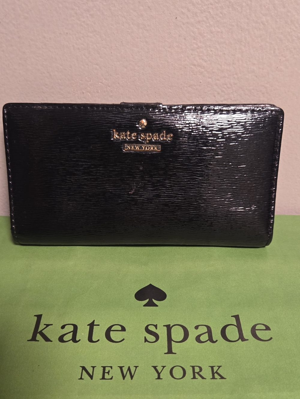 Kate Spade Black Patent Leather Continental Wallet with Gold Logo
